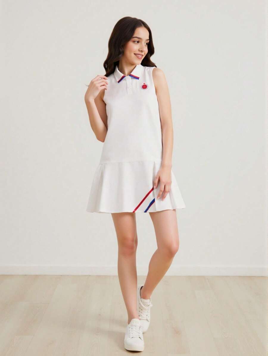 SHEIN Explorewe 休闲户外宽松时尚马球领无袖青少年女童连衣裙 - 白色 - 查看 1