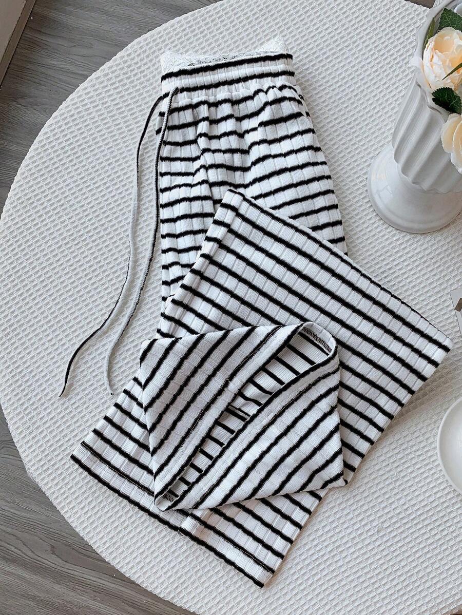 Comfortcana Women's Knit Striped Lace Waist Hem Loose Wide Leg Pants - Black and White - View 1