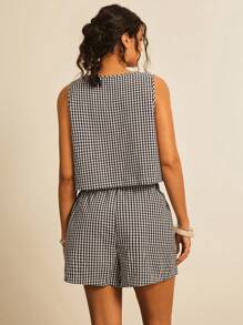 Freevana 2 件套加大码黑白格子系带背心 + 短裤套装，女士服装 2 件套，蝴蝶结上衣，露肩上衣，度假上衣，沙滩，可爱衬衫 - 黑與白 - 查看 2