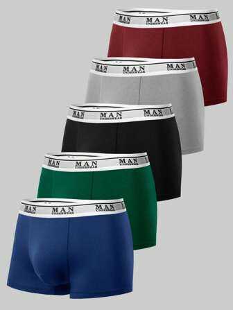 Manfinity EasyFave 5 pièces sous-vêtements pour hommes avec bande de taille imprimée de lettres, caleçons boxeurs
