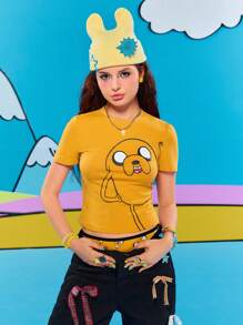 Adventure Time X ROMWE Camiseta ajustada con estampado gráfico lindo y divertido para mujeres, estilo Y2K - Amarillo - Ver 6