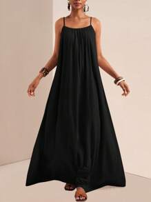 Slaydiva 大码女式夏季纯色褶皱休闲无袖连衣裙