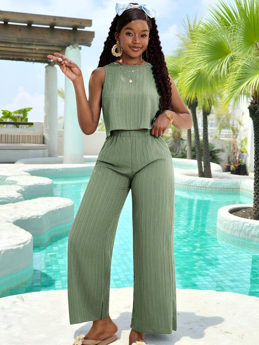 SHEIN Stylish Long Vacation T-Shirt Co-Ords For Teen Girls In Lightweight Olive Green Fabric Two Piece Pants Set Women Two Piece Sets Green Two Piece Set Casual Two Piece Set Vacation Two Piece Set - Olive Green - View 1