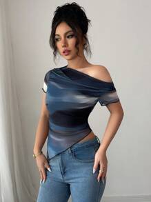 Elenzga Camiseta de manga corta con hombros oblicuos y estampado de teñido anudado para mujer