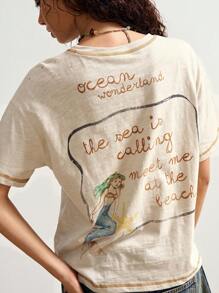 Bohemela 波西米亚风度假休闲美人鱼图案针织不对称领口女式 T 恤 - 杏色 - 查看 6