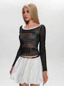 ROMWE Grunge Punk Y2K Sexy Sheer Mesh Printed Off-Shoulder Women Top - Black and White - View 8