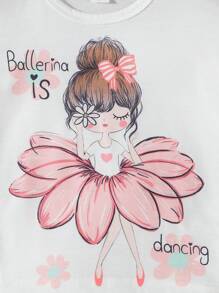 2 件套女童休闲可爱卡通英文图案上衣搭配花卉束腰罗纹下摆裤，适合外出、野餐、拍照 - 粉色 - 查看 7