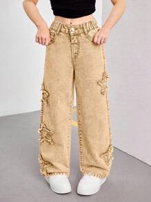 SHEIN Tween Girls Y2K 风格粉色刺绣星星阔腿牛仔裤，时尚街头休闲百搭时尚女孩四季必备单品 - 卡其色 - 查看 7