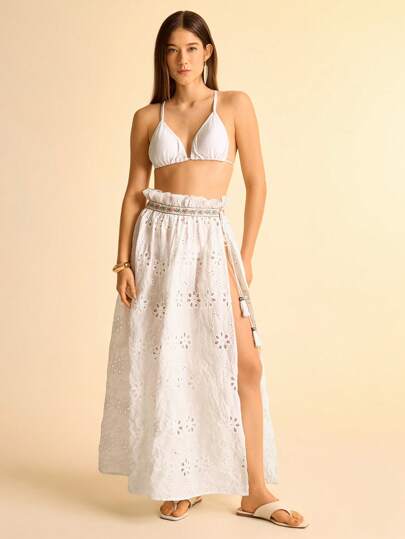 CAJUNI Falda transparente de mujer con cintura con volantes, bordado de encaje blanco y abertura alta - Ropa bohemia/de vuelta al colegio para mujeres