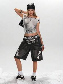 ROMWE Street Life 高街涂鸦印花拉链铆钉装饰复古水洗双腰带宽松女式牛仔裙裤 - 黑色 - 查看 2