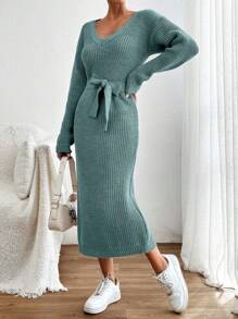 EURMUSE Cotton V-Neck Tie-Waist Design Medium-Length Bodycon Women Sweater Dress,Petite - Mint Green - View 4