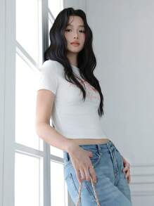 SHEIN EZwear 女士短袖休闲修身弹力 T 恤配蝴蝶结 - 白色