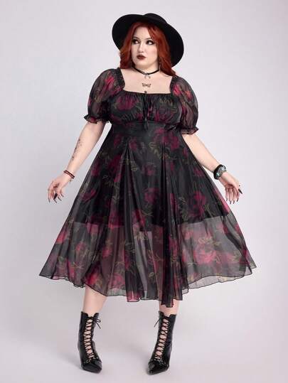 ROMWE Avant Vintage Luxury Rose Soft Organza Multi-Layer Ruffle Trim Plus Size Women Puff Sleeve Square Neck Dress