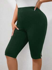 SHEIN PETITE Plus Size Solid Color Split Hem Leggings - Dark Green - View 6