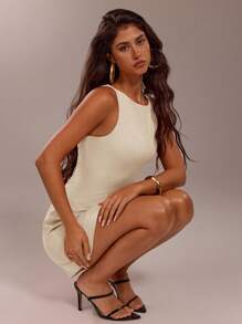 SHEIN Forever 21 Đầm ngắn không tay bó eo màu trơn đơn giản mùa hè cho nữ - Màu be - Xem 6