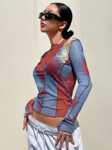 DAZY 扎染生菜边网眼上衣（无胸罩）长袖女式上衣，秋季女装 - 彩色 - 查看 4