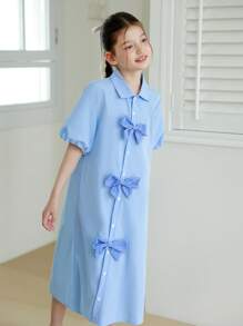 青少年女孩优雅蝴蝶结装饰夏装 - 藍色 - 查看 6