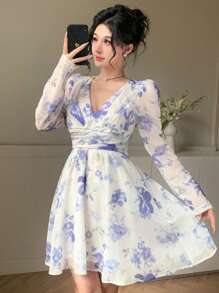 DAZY Robe courte d'été à manches longues col V avec motif floral tout-sur-tout, style vacances pour femmes