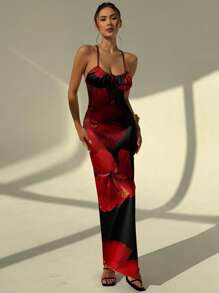 Aloruh Women's Long Floral Slip Dress, Simple Fashion Red Flower Pattern, Suitable For Summer, Holiday, Beach Outfits Suitable For Going Out Chic Dress - Black - View 8