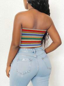 Flirla Plus Size Women Vacation Casual Colorful Striped Bandeau Top