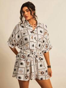 Freevana 大码女式休闲连衣裙，白色底色配咖啡色印花 - 彩色 - 查看 3