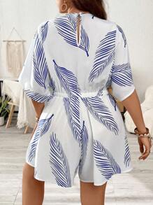 Flirla Plus Size Boho Casual Leaf Printed Romper, Minimalist Style, For Summer - Blue and White - View 2