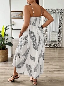 SHEIN Clasi Plus Size Holiday Style Leaf Printed Pleated Cami Dress Maxi Women Outfit - White - View 2