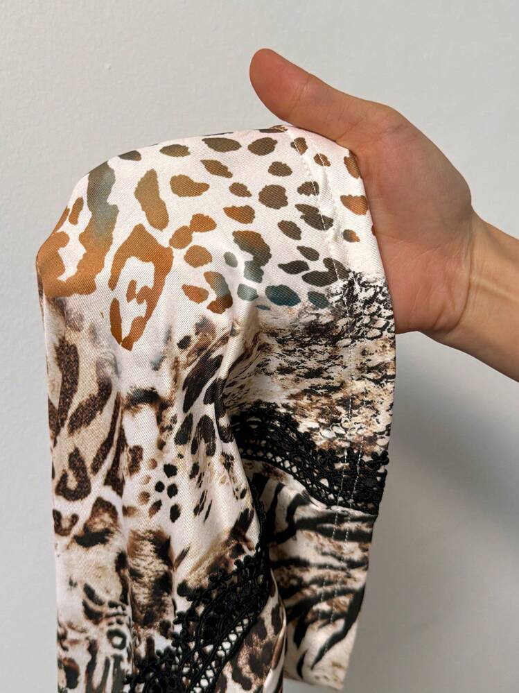 Slaydiva 大码女式豹纹系带喇叭裤 - 卡其色 - 查看 9