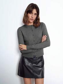 Maija Women's Elegant Solid Gray Round Neck Long Sleeve Button-Front Minimalist Knit Cardigan, Made Of Fine Fabric, Lightweight And Comfortable, Classic Ribbed Design And 3D Buttons Add Texture. Simple And Versatile Fit, Suitable For Daily Commute, Office, Business Casual, Teaching And Formal Occasions - Dark Grey - View 6