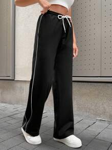 Women Casual Solid Color Low Waist Wide Leg Pants - Black - View 6