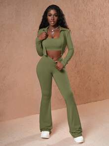 Slaydiva Bộ 3 áo không tay thường ngày cho nữ, áo cánh dài tay và quần dài - xanh quân đội - Xem 5