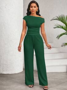 SHEIN Lady Áo thun cổ bất đối xứng màu trắng co giãn và quần ống rộng có cạp chun, bộ đồ hai mảnh cho nữ, thường ngày, thanh lịch cho mọi mùa - Màu xanh lá cây đậm - Xem 4