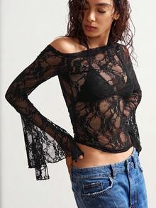 Bohemela 休闲纯色针织不对称领口喇叭袖修身短款女式上衣 - 黑色 - 查看 6