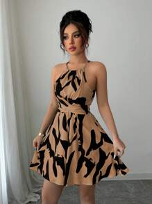 Selianne Women's Black And White Printed Elegant Sleeveless Halter Neck Dress