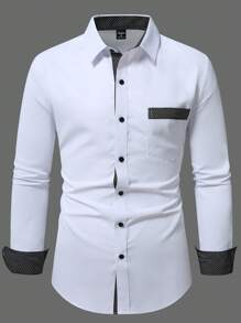 Manfinity Mode Áo sơ mi tay dài in họa tiết hình học có túi đơn hàng khuy dành cho nam - trắng - Xem 5