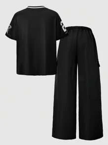 SHEIN ChillGRL 青少年女孩休闲条纹 V 领宽松 T 恤和直筒工装口袋裤两件套，适合春、夏、秋季的时尚