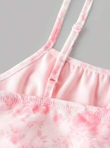 SHEIN Girlism Tween Girls Floral Print Mesh Double Layer Knitted Elastic Ruched Snug Fit Short Camisole Dress - Baby Pink - View 3