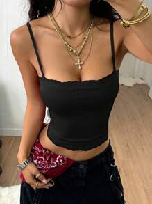 Coolane 女式春夏 Y2K 休闲街头服饰音乐节罗纹针织撞色蕾丝酒红色背心 - 黑色 - 查看 5