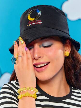 Adventure Time X ROMWE Fashionable Casual Cartoon & Letter Graphic Bucket Hat
