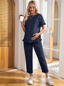 SHEIN Maternity Two Pieces Suits Summer Brunch Outfits For Women Ruffle - Navy Blue - View 3