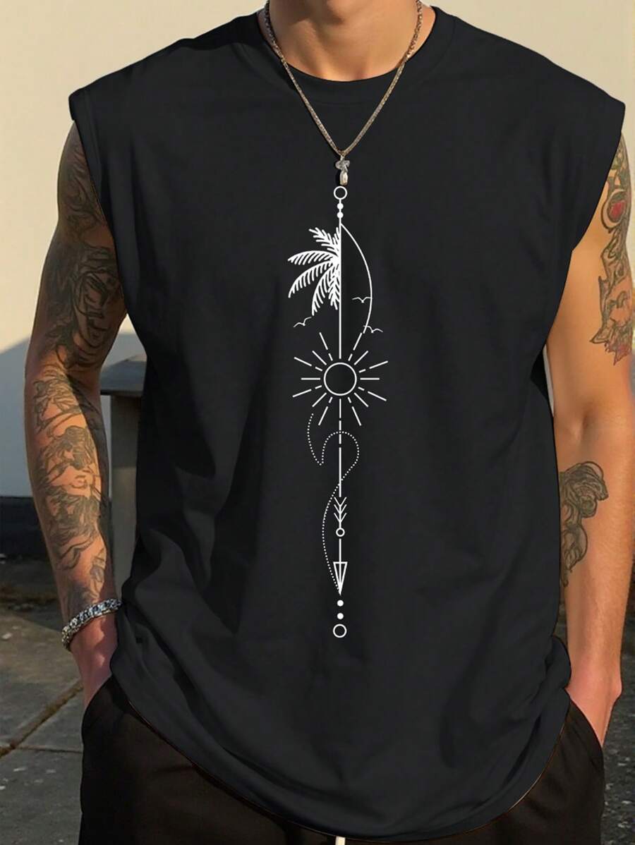 Manfinity EMRG 男士棕榈树印花圆领休闲背心，夏季