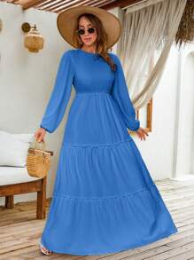 EURMUSE LANTERN LONG SLEEVE LAYERED LONG DRESS - Blue - View 6