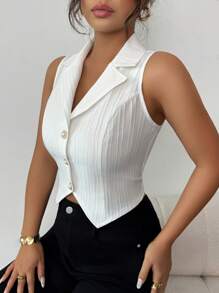 Elenzga 纹理竖条纹翻领前开式露背优雅女式衬衫，春夏季