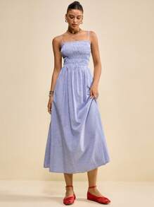 Muvela 2025秋冬新款女士条纹荷叶边休闲无袖中长连衣裙，设计风格涵盖休闲、学术、Y2K、乡村音乐节、复古、街头风、办公、约会、派对、外出、机场、返校等各种场合。 - 彩色 - 查看 3