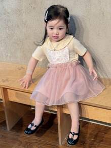 Dazy Kids 2件組女嬰休閒荷葉邊圓領短袖T恤與網紗裙套裝 - 粉色 - 查看 2