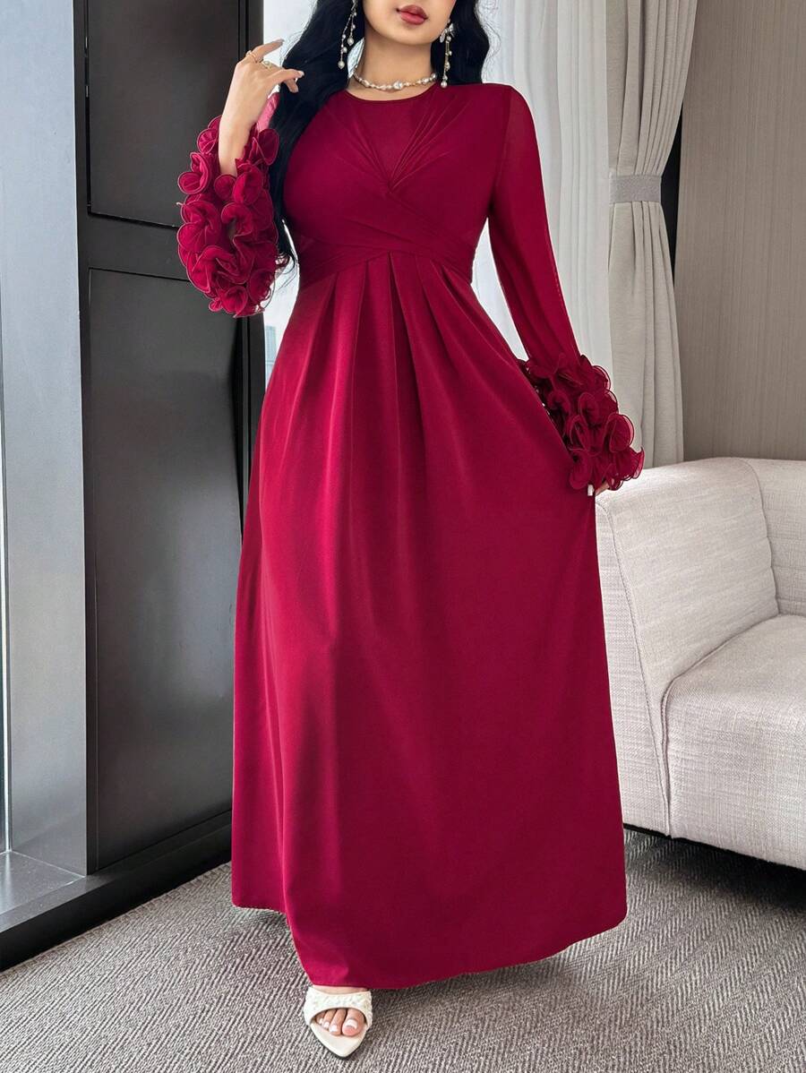 Feyla Damen bescheidenes Kleid mit festgeschnürter Taille, langärmelig, einfarbig im arabischen Stil