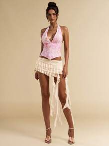 SHEIN BAE 纯色不对称荷叶边下摆甜美A字裙优雅浪漫沙滩度假裙夏季半身裙 - 杏色 - 查看 3