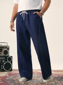 EASEVO Quần Jeans Denim Dệt Rộng Màu Xanh Đậm Dài Cho Nam Size Lớn - Rửa tối - Xem 3