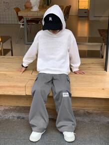 SHEIN 2pcs/Set Tween Boy 3D Letter Embossed Hoodie With Cargo Pocket And Two-Tone Sweatpants, Casual Outfit For Autumn/Winter, Suitable For School, Hangout, Vacation, All Occasions, Teen Boy Two Piece Set, Boy Kids Sweat Pants And Hoodie, 2 Piece Teen Boys Hoddie And Sweatpants Fall