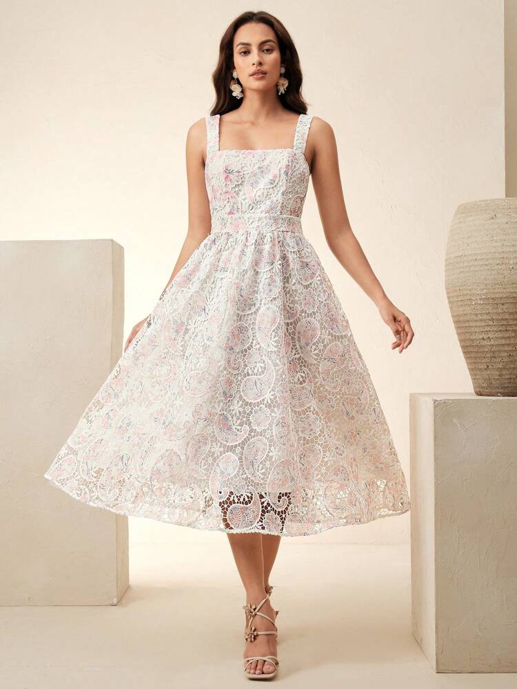 Elegant Embroidered Graphic Print Dress, Sleeveless Flowy Vacation Style For Women